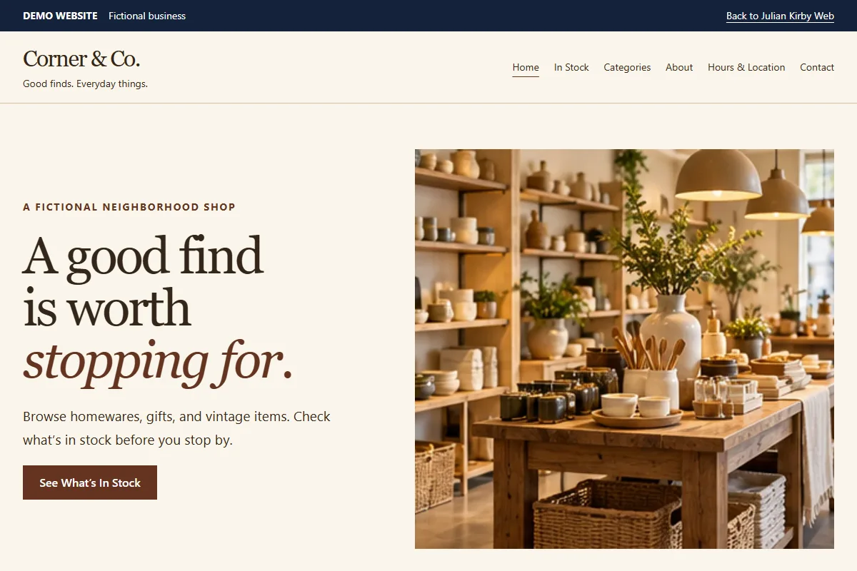 Corner & Co. demo homepage screenshot